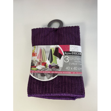 Juego de 3 paños de cocina - 2 lisos/1 de rayas - Microfibra - 40 x 40 cm