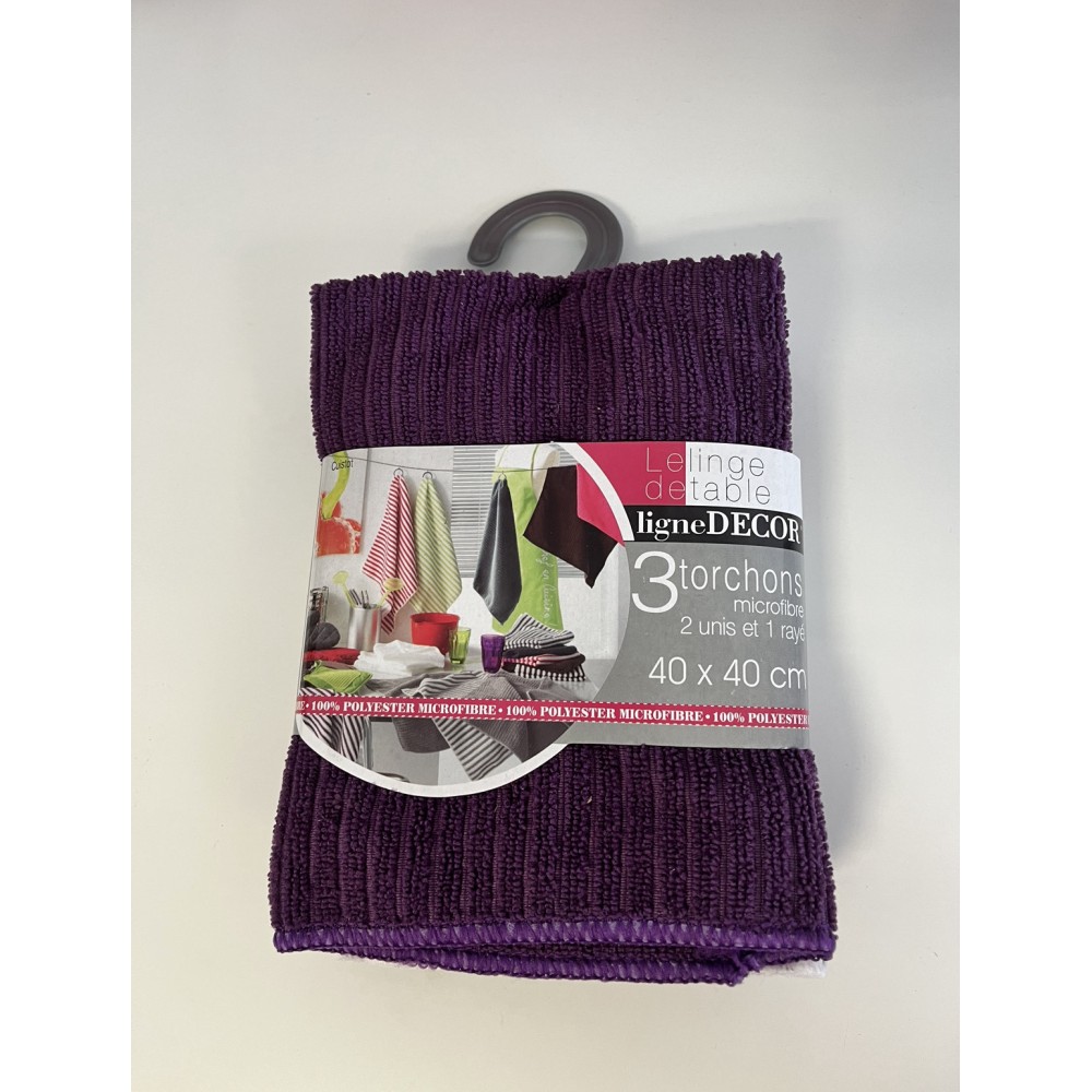 Juego de 3 paños de cocina - 2 lisos/1 de rayas - Microfibra - 40 x 40 cm