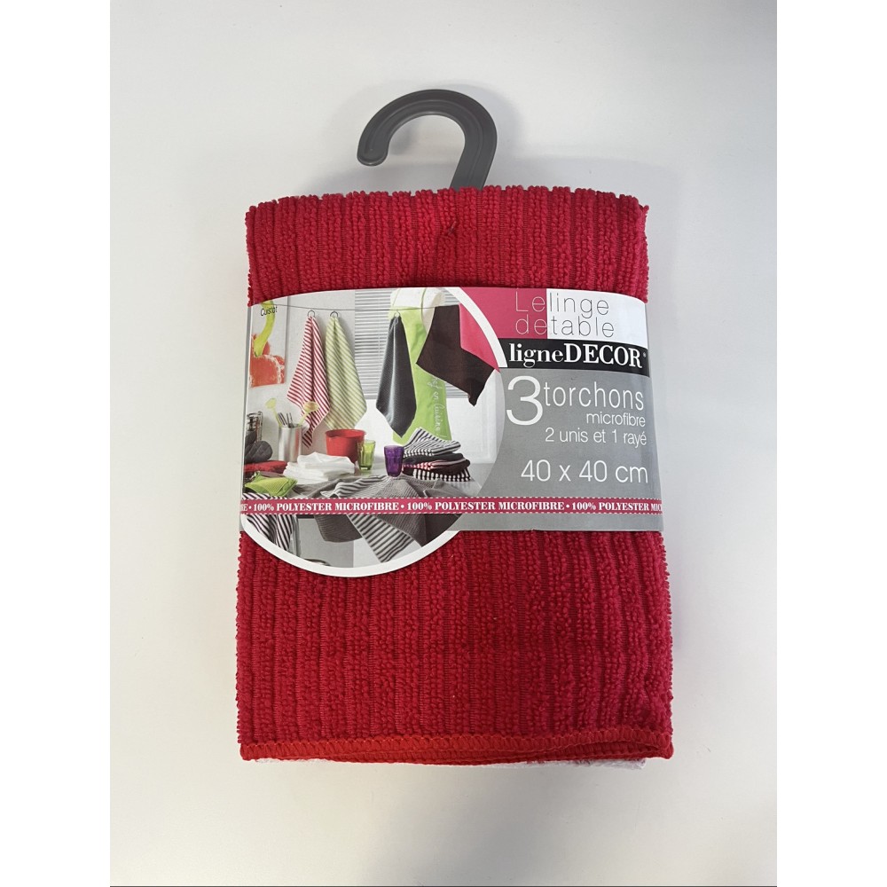 Juego de 3 paños de cocina - 2 lisos/1 de rayas - Microfibra - 40 x 40 cm