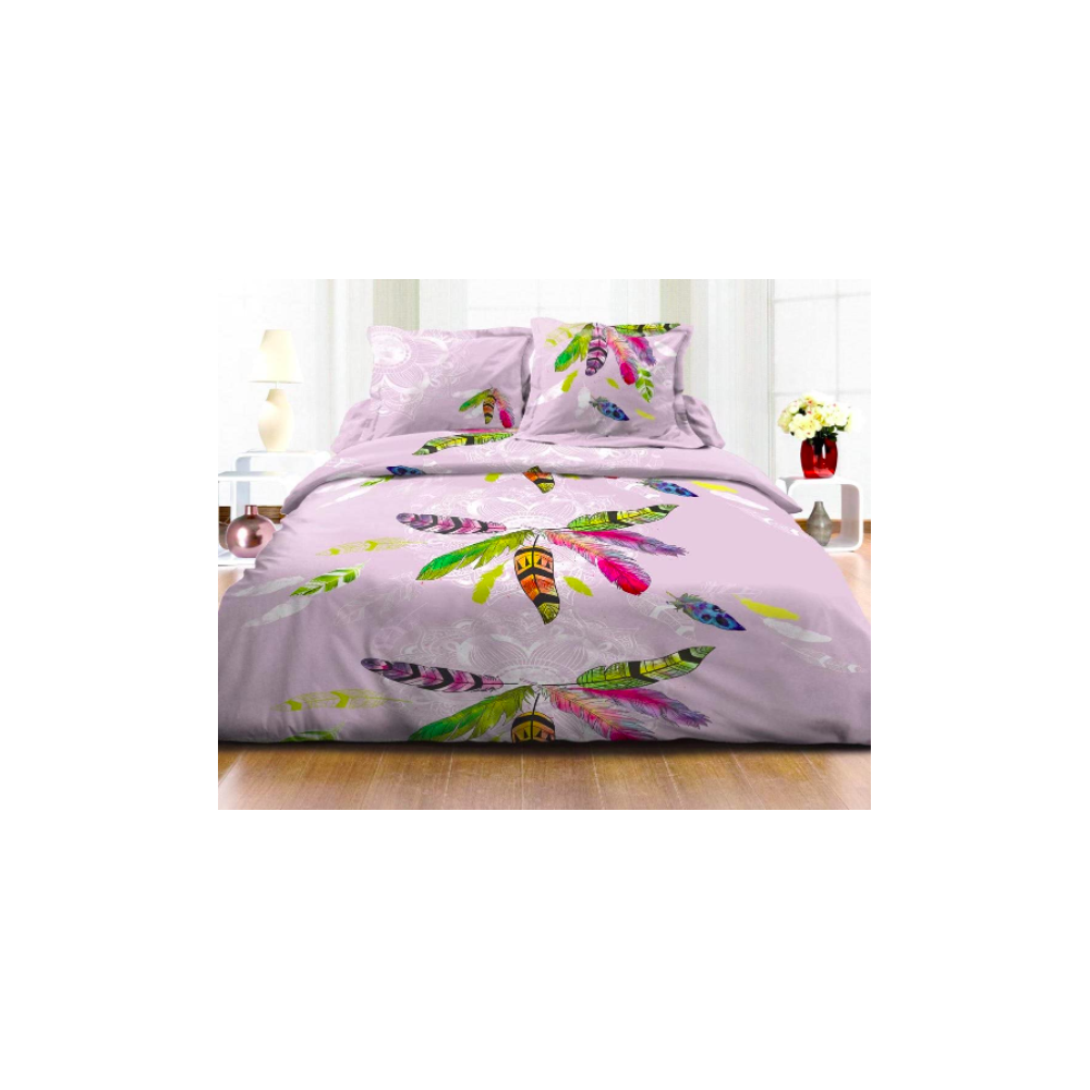 Juego de cama con estampado de plumas multicolor - 220 x 240 cm - Funda nórdica + fundas de almohada