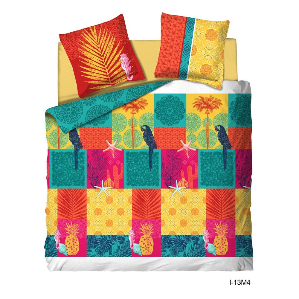 Juego de cama con estampado de cactus y loros - 220 x 240 cm - Funda nórdica + fundas de almohada