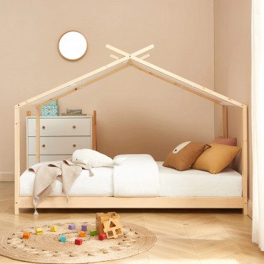 Cama infantil em tenda - Madeira 90x190 cm - Cama tipo cabana em madeira de pinho bege