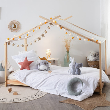 Cama infantil em tenda - Madeira 90x190 cm - Cama tipo cabana em madeira de pinho bege