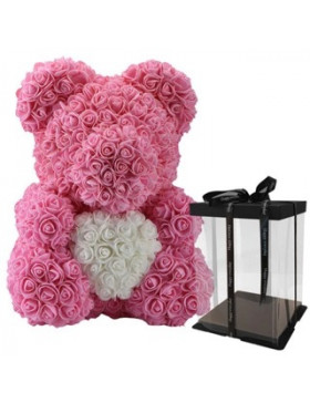 Ours en Rose avec Cœur dans sa boîte –Saint Valentin, Mariage, Noël, Cadeau, Anniversaire, Fête des Mères – H35cm