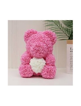 Orsetto di rose con cuore nella sua scatola - San Valentino, matrimonio, Natale, regalo, compleanno, festa della mamma - H20cm