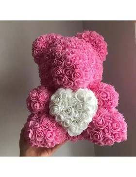 Urso de rosas com coração na caixa – Dia dos Namorados, Casamento, Natal, Presente, Aniversário, Dia das Mães - 20 cm de altura