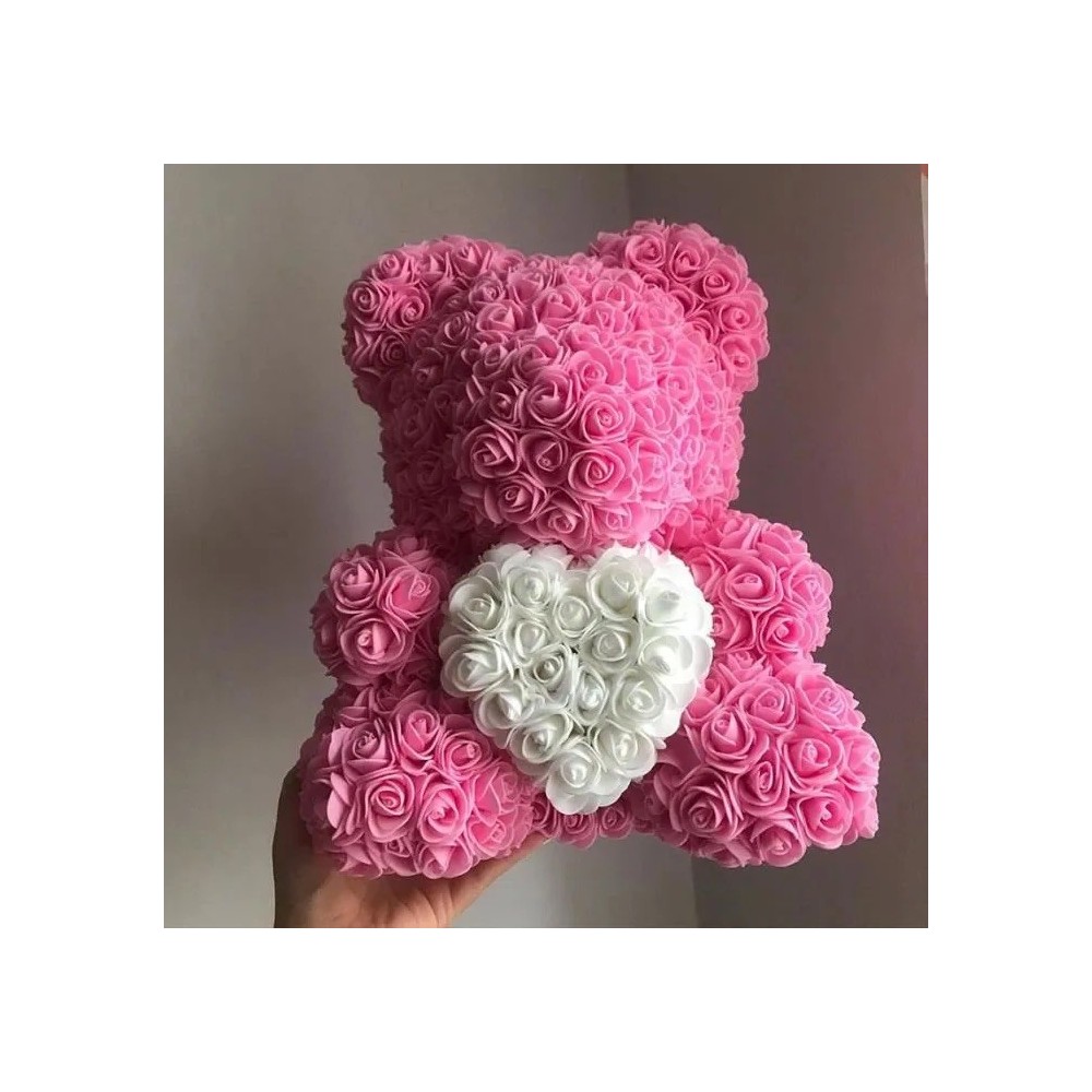 Orsetto di rose con cuore nella sua scatola - San Valentino, matrimonio, Natale, regalo, compleanno, festa della mamma - H20cm
