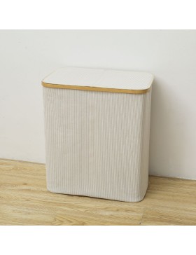 Cesto de roupa suja com alça de bambu - Cesto de roupa suja com 2 compartimentos e tampa - 110L