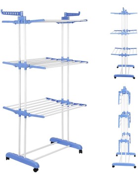 Stendibiancheria indipendente, 3 ripiani, 170x64x126 cm, blu/bianco