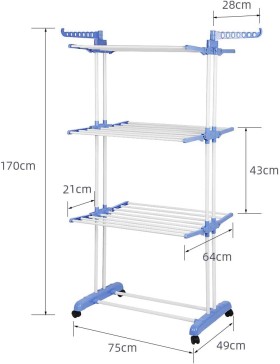 Étendoir à Linge sur Pied, 3 Niveaux, 170x64x126cm, Bleu/Blanc