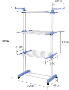 Vrijstaande 3-laags wasdroger, 170x64x126cm, blauw/wit