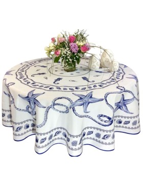 Provençaals rond vlekbestendig tafelkleed in wit marineblauw 100% polyester
