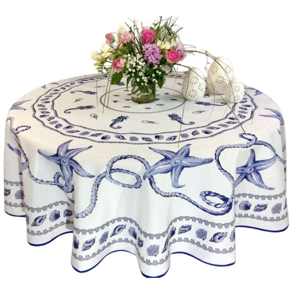 Provençaals rond vlekbestendig tafelkleed in wit marineblauw 100% polyester