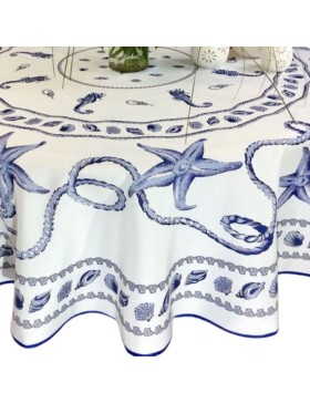Provençaals rond vlekbestendig tafelkleed in wit marineblauw 100% polyester