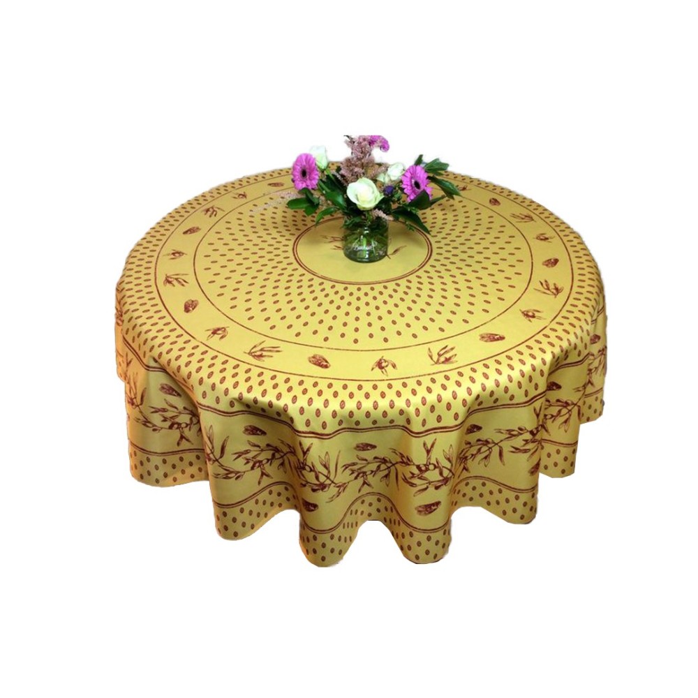 Toalha de mesa redonda provençal resistente a manchas - Cicada, amarelo-oliva e vermelho