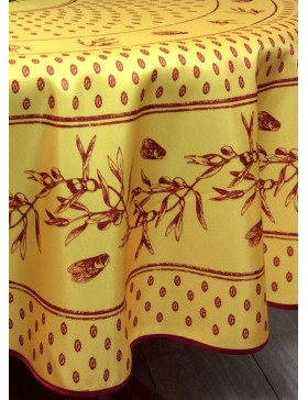 Toalha de mesa redonda provençal resistente a manchas - Cicada, amarelo-oliva e vermelho