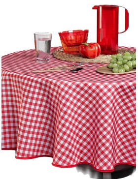 Toalha de mesa redonda em promoção: resistente a manchas, 100% poliéster, estampa xadrez vichy.