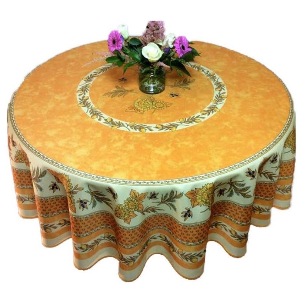 Mantel redondo provenzal antimanchas con diseño de girasoles y abejas