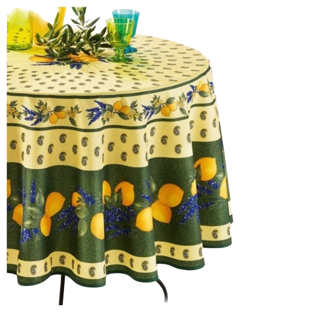 Mantel redondo provenzal antimanchas, 100 % poliéster - Limón