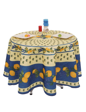 Provenzalische runde, schmutzabweisende Tischdecke, 100 % Polyester, Zitronengelb