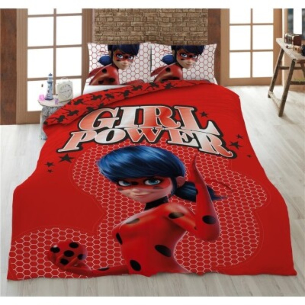 Parure de Lit Miraculous – Marinette – Girl Power – Housse de Couette 140x200 cm + Taie d'oreiller 65x65 cm – 100% Polyester