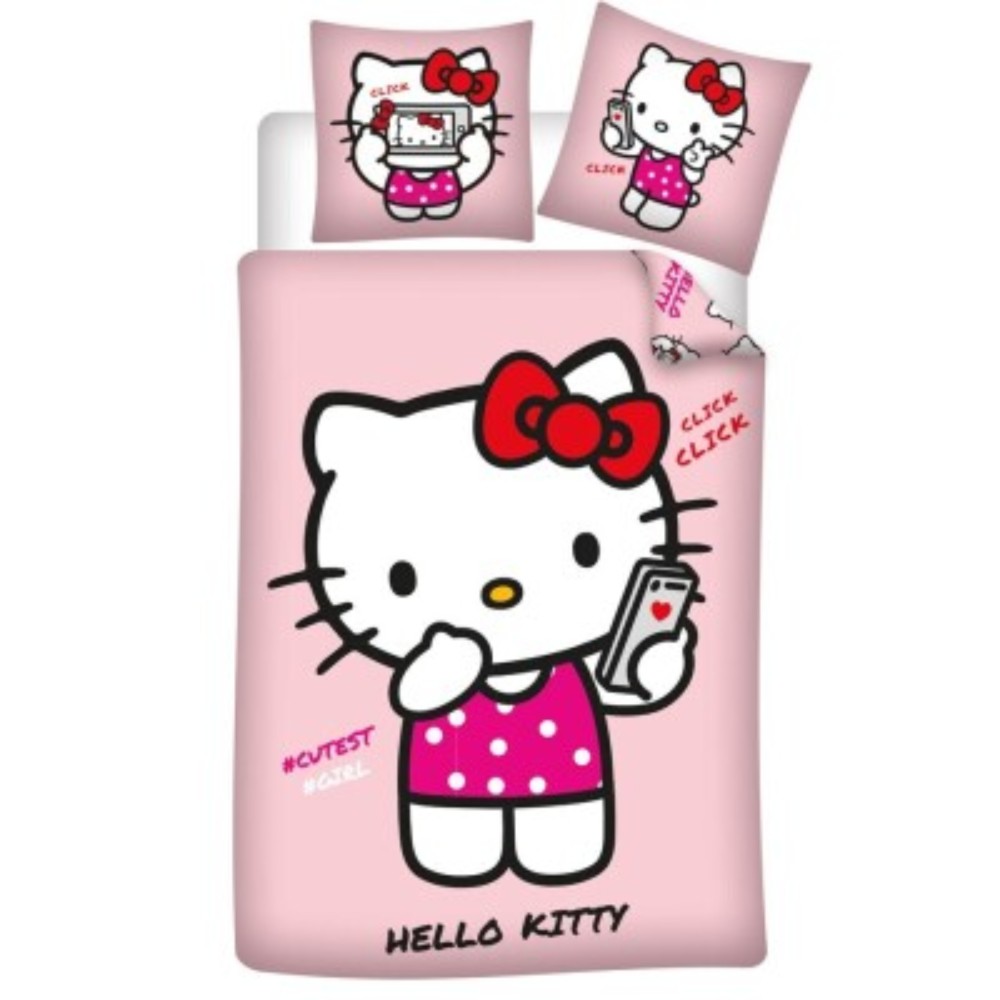 Parure de Lit Hello Kitty Rose Réversible – Housse de Couette 140x200 cm + Taie d'oreiller 65x65 cm – Polycoton