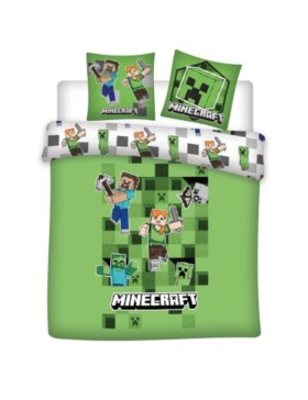 Parure de Lit Double Réversible Minecraft Creeper TNT – Housse de Couette 240x220 cm + 2 Taies d'Oreiller 65x65 cm – Polycoton