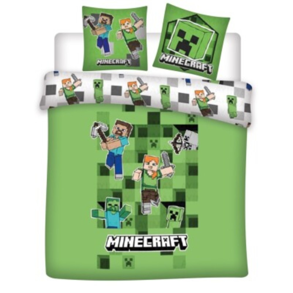 Parure de Lit Double Réversible Minecraft Creeper TNT – Housse de Couette 240x220 cm + 2 Taies d'Oreiller 65x65 cm – Polycoton