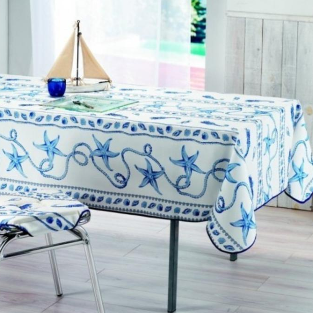 Provençaals rechthoekig vlekbestendig tafelkleed in wit marineblauw 100% polyester