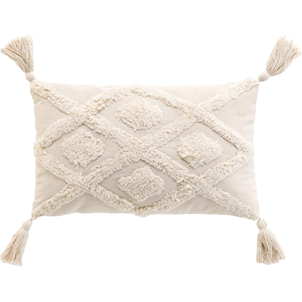 Almofada removível e compacta com pompons, 30x50 cm, algodão/poliéster com capitonê - INCA