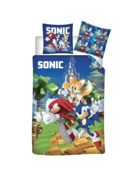 Parure de Lit Réversible Sonic et ses Amis – Housse de Couette 140x200 cm + Taie d'oreiller 63x63 cm – 100% Microfibre