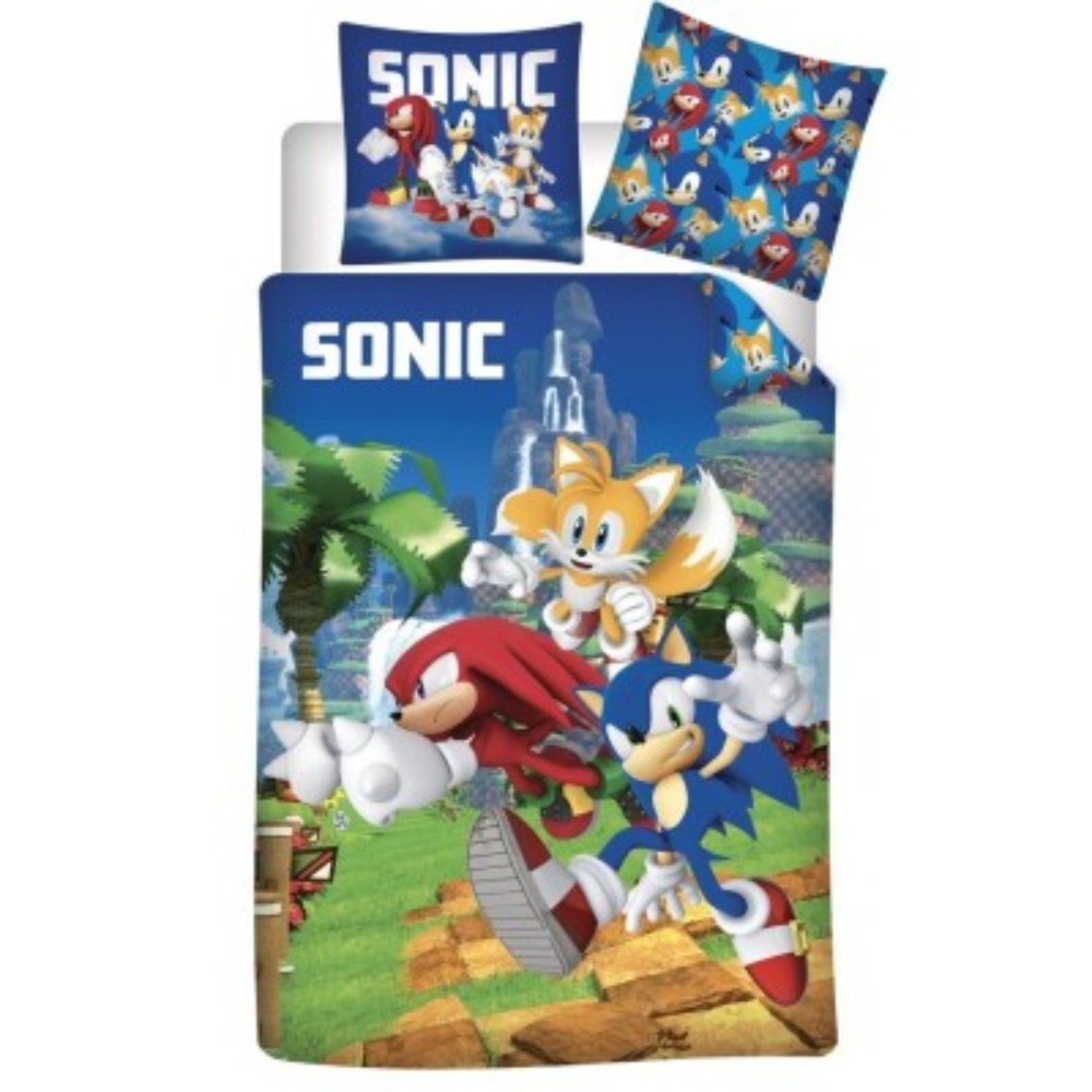 Parure de Lit Réversible Sonic et ses Amis – Housse de Couette 140x200 cm + Taie d'oreiller 63x63 cm – 100% Microfibre