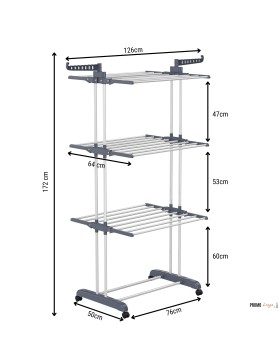 Étendoir à Linge sur roulette, 3 Niveaux, Gris/Blanc