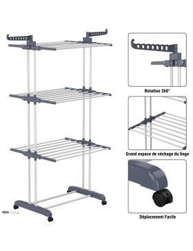 Étendoir à Linge sur roulette, 3 Niveaux, Gris/Blanc