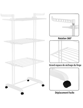 Varal de secar roupa com rodas, 3 níveis
