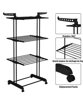 Varal de secar roupa com rodas, 3 níveis