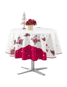 Tovaglia natalizia con motivi di Babbo Natale o Campane - Rotonda - Antimacchia
