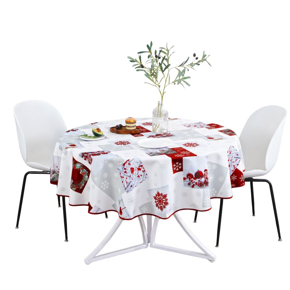Nappe de Noël – Imperméable – 100% Polyester – Anti-Taches et Lavable – Ronde 160 cm – Esprit de Noël en Rouge & Blanc