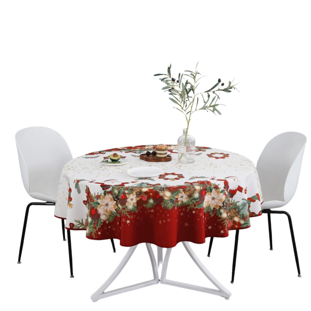 Tovaglia Natalizia – Impermeabile – 100% Poliestere – Antimacchia e Lavabile – Rotonda 160 cm – Babbo Natale Stellato