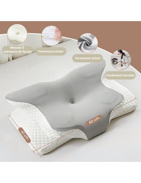 Oreiller Ergonomique à Mémoire de Forme 2 en 1 – Coussin pour la Nuque, Le Dos et Le Côté – Housse Lavable.