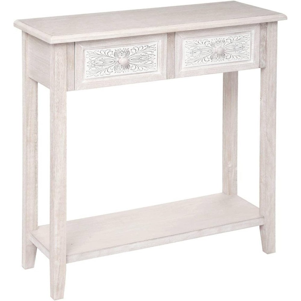Atmosphera - Console Hina Bois Blanchi - L 80 x P 30 x H 80 cm - 2 Tiroirs Sculptés, 1 Étagère