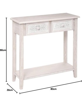 Atmosphera - Console Hina Bois Blanchi - L 80 x P 30 x H 80 cm - 2 Tiroirs Sculptés, 1 Étagère