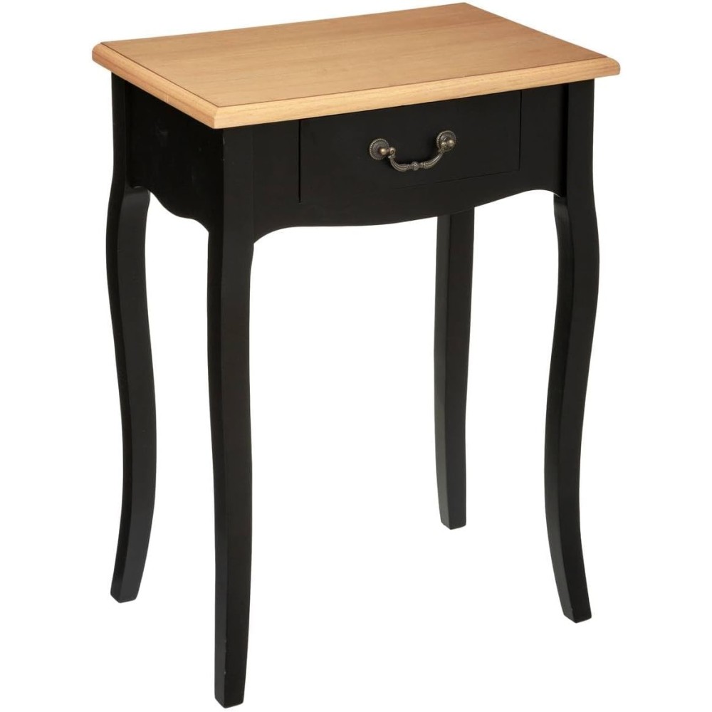Atmosphera - Table de Chevet Chrysa - Noir et Bois, L 47 x H 66 cm, 1 Tiroir, Pieds Galbés