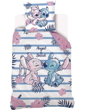 Disney - Housse de Couette Disney Angel & Stitch + Taie d'oreiller 63x63 cm - 100% Coton - Rose