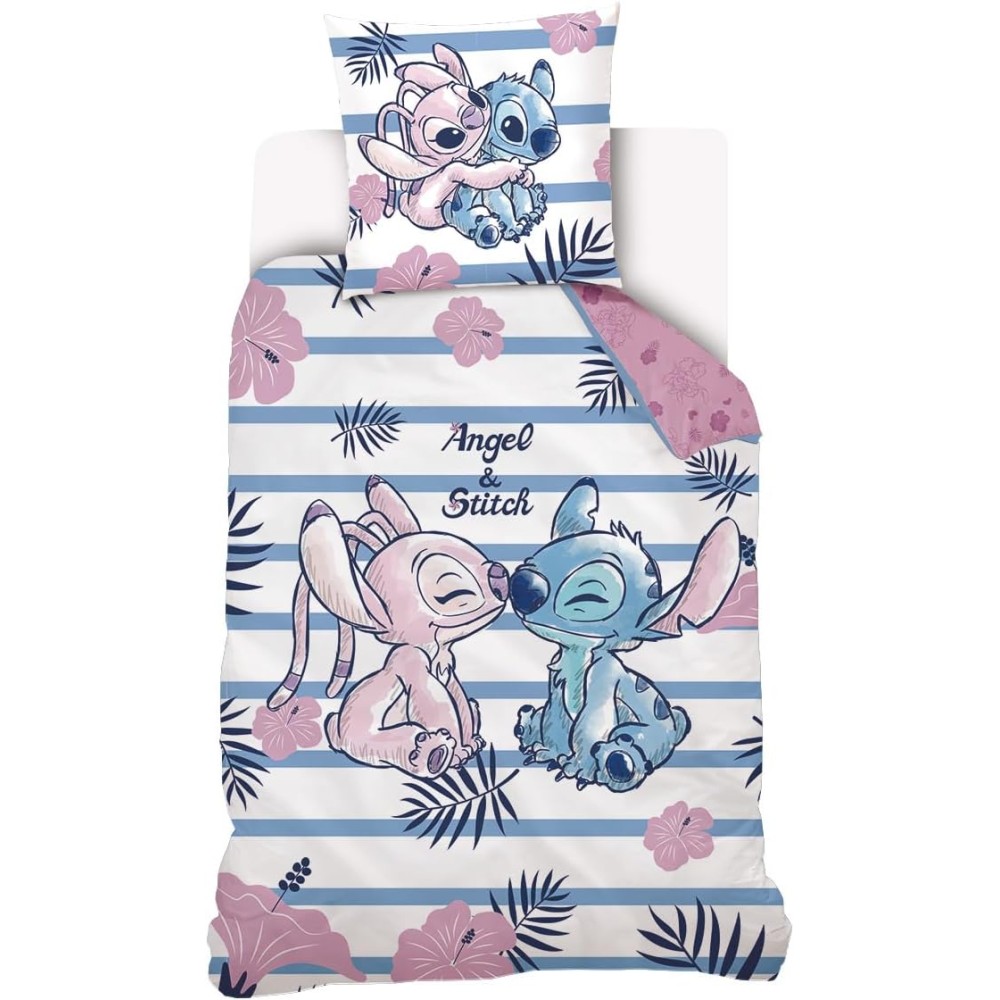 Disney - Capa de Edredom e Fronha Disney Angel & Stitch 63x63 cm - 100% Algodão - Rosa
