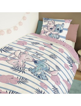Disney - Housse de Couette Disney Angel & Stitch + Taie d'oreiller 63x63 cm - 100% Coton - Rose