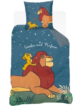 Disney Roi Lion – Housse de Couette Simba & Mufasa 140x200 + Taie – Brille dans le Noir – 100% Coton – Bleu Marine