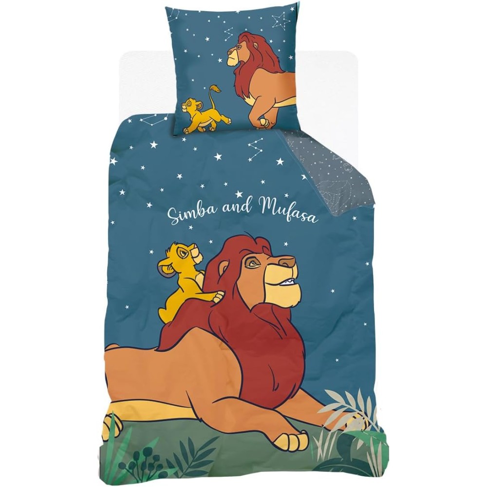 Disney Roi Lion – Housse de Couette Simba & Mufasa 140x200 + Taie – Brille dans le Noir – 100% Coton – Bleu Marine