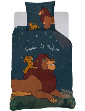 Disney Roi Lion – Housse de Couette Simba & Mufasa 140x200 + Taie – Brille dans le Noir – 100% Coton – Bleu Marine