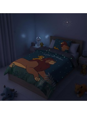 Disney Roi Lion – Housse de Couette Simba & Mufasa 140x200 + Taie – Brille dans le Noir – 100% Coton – Bleu Marine